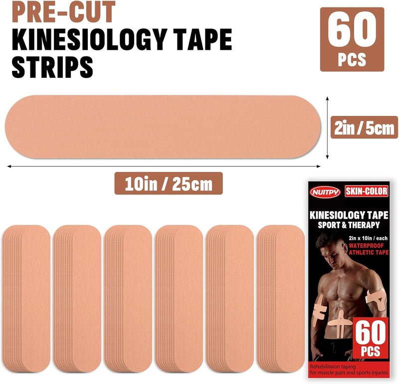 NUITPY 60PCS Precut Kinesiology Tape Strips, 2 inch x 10 inch Athletic Tape, Kinetic Tape, Elastic Muscle Tape, Sports Tape, Knee Tape for Exercise and Daily Use - Skin Color - Image 2